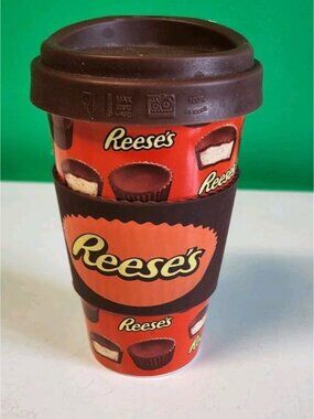 Reese's Peanut Butter Cup Travel Coffee Mug Silicone Grip Ceramic 16 oz Tumbler
